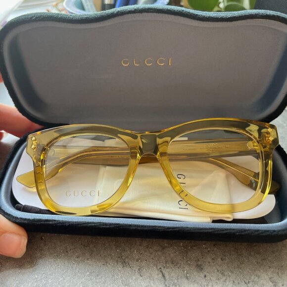Gucci Square Eyeglasses GG1086O-002 Shiny Transparent Mustard Frame Transparent - Picture 1 of 4